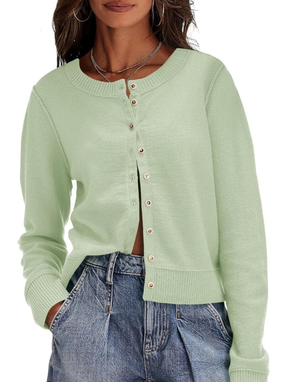Women's Light Green Long Sleeve Crew Neck Imported Button Down Cardigan Sweaters